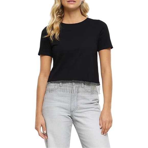 J by Joie Black T-Shirt with Rhinestone Trim Hem size Small Short Sleeve NWT - Picture 2 of 11